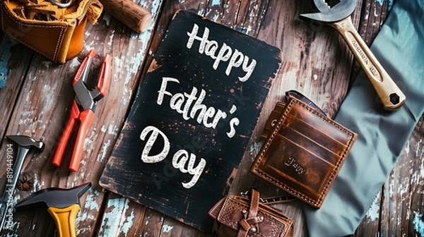Fototapeta Flat lay Father's Day theme with construction tools, a leather wallet, and a tie on a rustic wooden surface, black chalkboard with "Happy Father's Day" text in the center.
