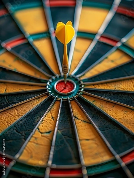 Fototapeta Dart in the middle of a bullseye reaching the target with good aim , success concept image with copy space
