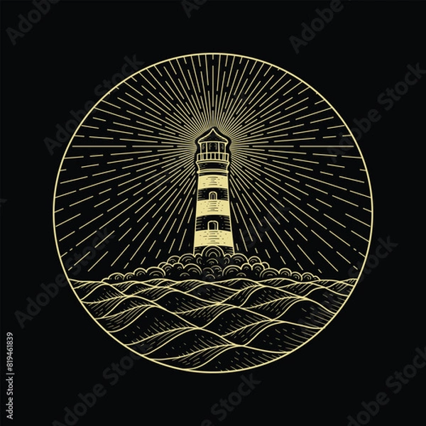 Obraz Lighthouse at night in the middle of the sea with calm and peaceful waves