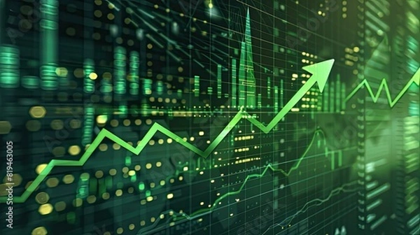 Obraz business finance chart . green arrow pointing up on digital green background, financial growth and success for business
