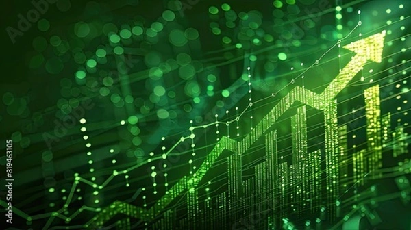 Obraz business finance chart . green arrow pointing up on digital green background, financial growth and success for business