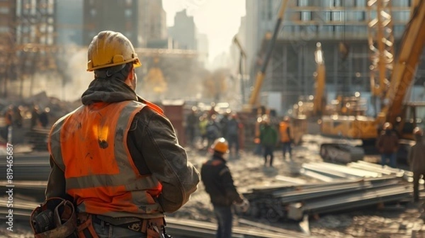 Fototapeta A construction worker wearing safety gear stands in the foreground, looking at workers on an active building site in the background.
