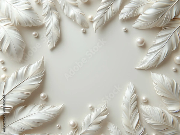 Fototapeta Feathers and pearls frame. White feathers delicate background for wedding or anniversary design with copy space illustration. White feathers with pearls wallpaper