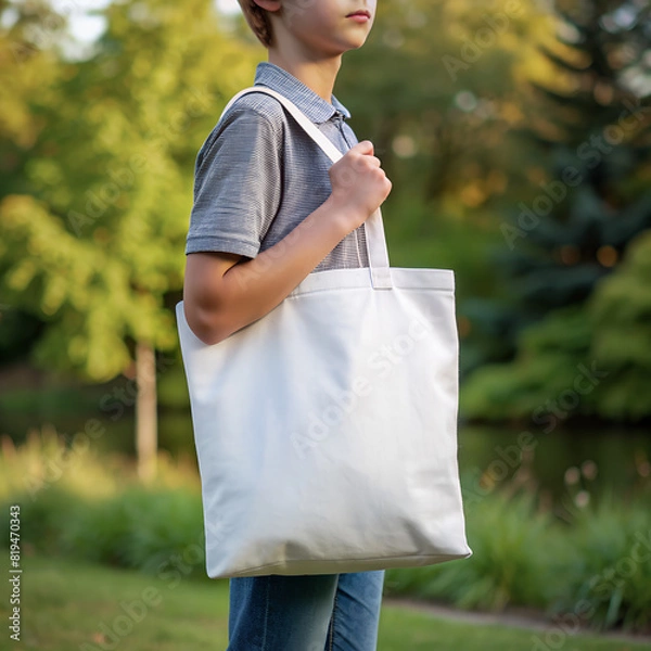 Fototapeta Tote bag mockup. Boy carrying reusable white cotton linen eco organic fabric canvas blank totebag with natural green leaves trees background. AI generated