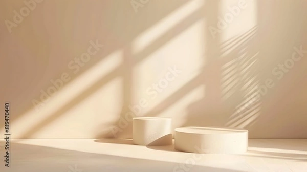 Fototapeta Minimalist plain beige background for product presentation with two simple cylinder pedestal podiums and a shadow on the copy space.

