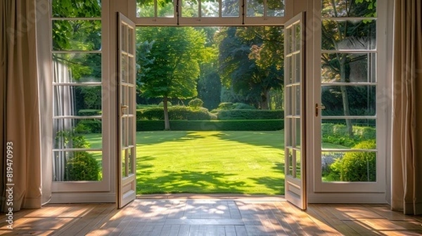 Fototapeta Open the prestigous white patio doors, view of a large garden with a lawn and trees and hedges, bright daylight, interior design.
