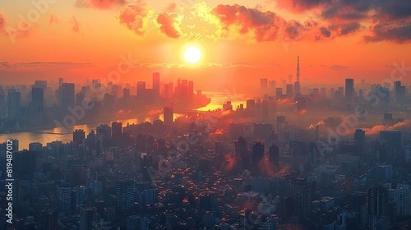 Fototapeta A cityscape bathed in the warm glow of the sun, representing the potential for sustainable urban development and a harmonious coexistence between humans and nature..stock photo