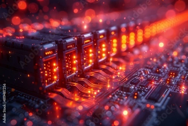 Fototapeta Intricate Web of Fiber Optic Cables Transmitting Data Signals 