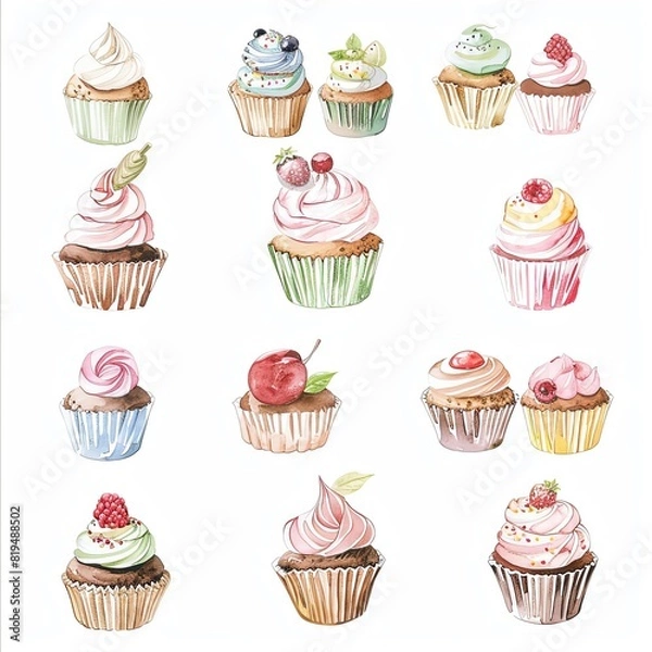 Fototapeta A variety of watercolor cupcakes on a white background. The cupcakes are decorated with different colored frosting, sprinkles, and fruit.