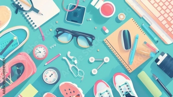 Fototapeta Track fitness goals flat design top view performance theme cartoon drawing colored pastel