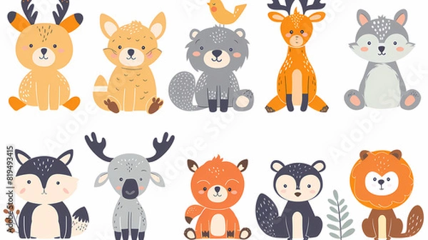 Fototapeta A set of cute cartoon animals. Vector flat images of animals for postcards, invitations, textiles, thermal printing