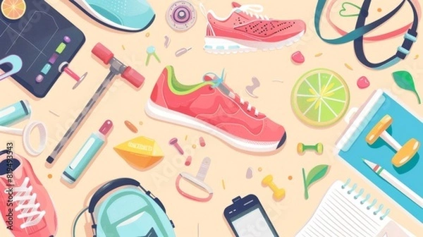 Fototapeta Track fitness goals flat design top view performance theme cartoon drawing colored pastel