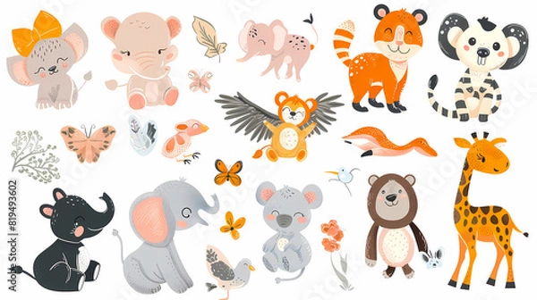 Obraz A set of cute cartoon animals. Vector flat images of animals for postcards, invitations, textiles, thermal printing