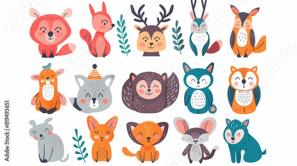 Fototapeta A set of cute cartoon animals. Vector flat images of animals for postcards, invitations, textiles, thermal printing