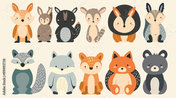 Fototapeta A set of cute cartoon animals. Vector flat images of animals for postcards, invitations, textiles, thermal printing