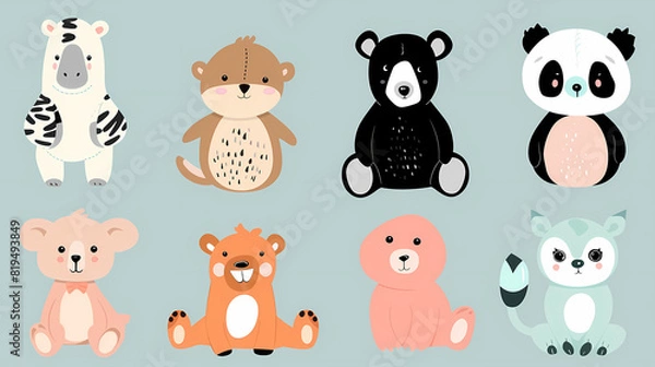 Fototapeta A set of cute cartoon animals. Vector flat images of animals for postcards, invitations, textiles, thermal printing