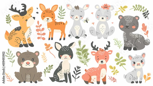 Fototapeta A set of cute cartoon animals. Vector flat images of animals for postcards, invitations, textiles, thermal printing