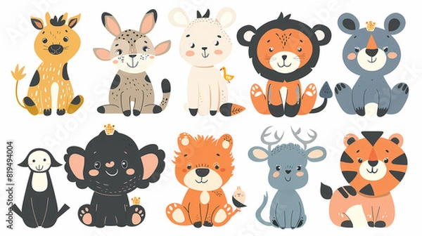 Fototapeta A set of cute cartoon animals. Vector flat images of animals for postcards, invitations, textiles, thermal printing