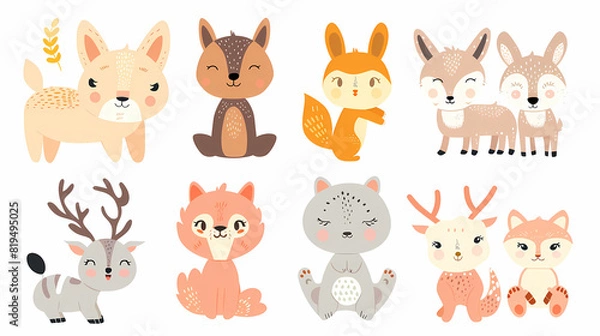 Fototapeta A set of cute cartoon animals. Vector flat images of animals for postcards, invitations, textiles, thermal printing