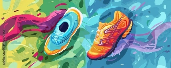 Fototapeta Advanced running shoes flat design top view innovation theme cartoon drawing Splitcomplementary color scheme