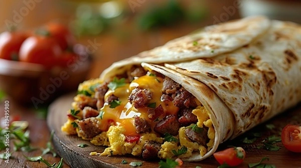 Obraz A breakfast wrap with scrambled eggs, sausage, and cheese..stock photo