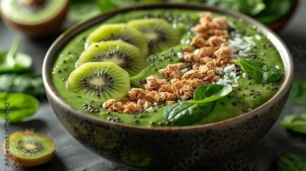 Fototapeta A smoothie bowl with blended spinach and kiwi, topped with granola and coconut flakes..stock photo