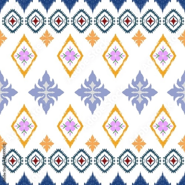 Fototapeta  Embroidered ikat flower pattern on white background, Thai Asian pattern pattern. traditional ikat Abstract vector illustration, Aztec style design for textures, clothes, wraps, dec