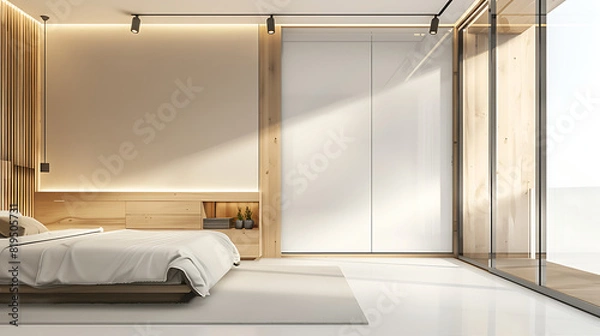 Fototapeta Wooden closet with sleek sliding doors in minimalistic style bedroom decor. White background removed.