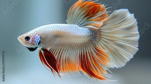 Fototapeta Mesmerizing Male Siamese Fighting Fish with Kaleidoscopic Fins Floating in Plain White Studio