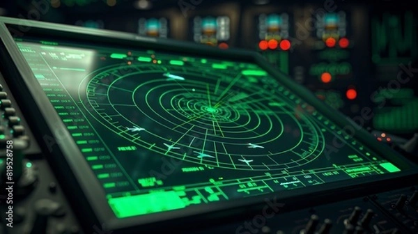 Fototapeta Realistic Photo of a Mint Green Radar Screen Tracking Aircrafts, Showcasing Air Traffic Control Technology