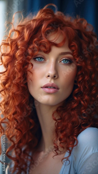 Fototapeta model with red curly hair, with beautiful blue eyes in a realistic style