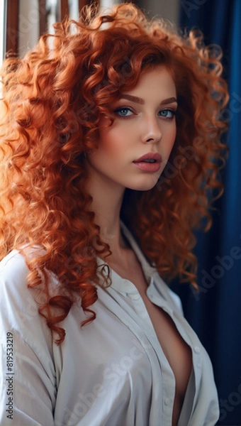 Fototapeta model with red curly hair, with beautiful blue eyes in a realistic style