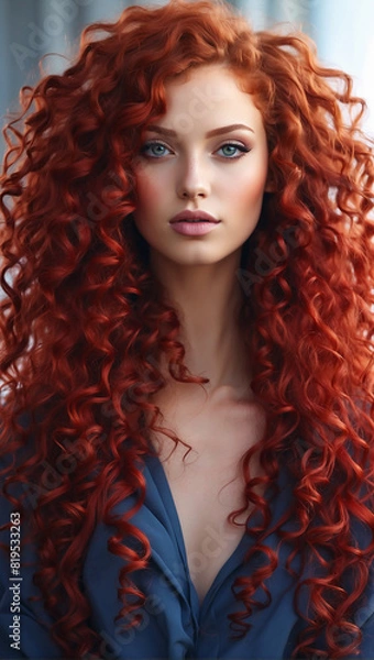 Fototapeta model with red curly hair, with beautiful blue eyes in a realistic style