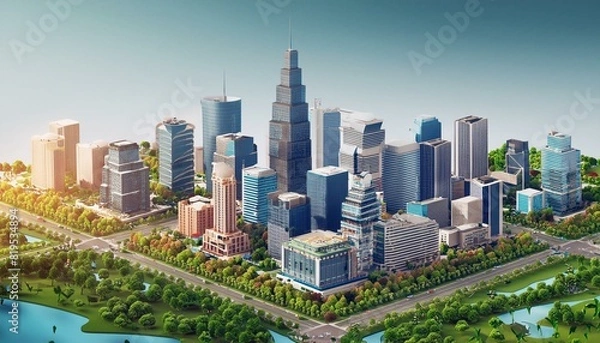 Fototapeta A small busy town  surrounded by tall buildings map isometric 3D render of a bustling city skyline featuring skyscrapers, green parks, and busy streets, background Full of green trees