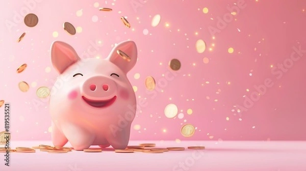 Fototapeta Happy piggy bank on table with falling gold coins. Saving, investment, profit and financial growth concept.