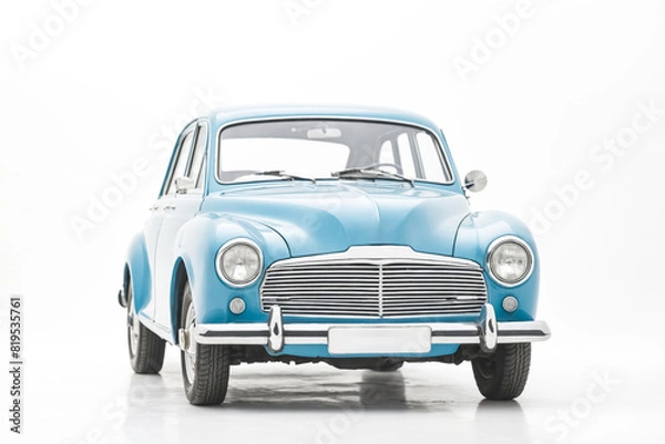 Fototapeta An old vintage car in blue color on a white background.