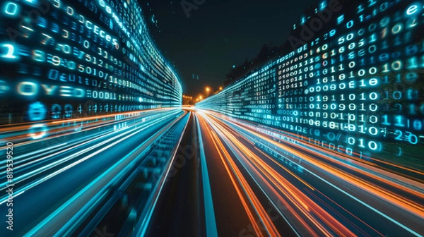 Fototapeta Digital data flow on road with motion blur to create vision of fast speed transfer . Concept of future digital transformation , disruptive innovation and agile business methodology