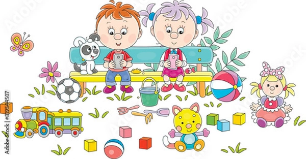 Fototapeta Funny little girl and boy with a puppy sitting on a bench in a summer park and playing their smartphones among toys scattered around, vector cartoon illustration on a white background
