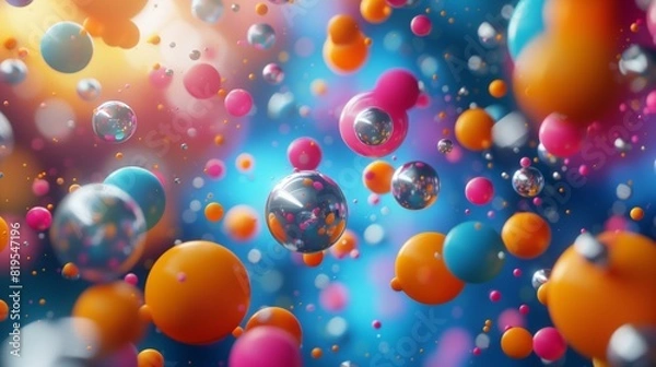 Fototapeta An abstract 3D render of colorful spheres and particles seemingly suspended in midair, captured in striking ultra HD detail.