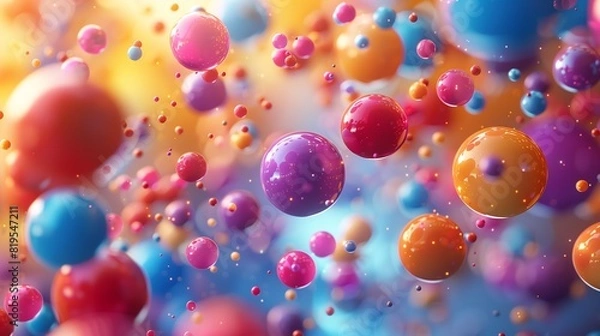 Fototapeta An abstract 3D render of colorful spheres and particles seemingly suspended in midair, captured in striking ultra HD detail.