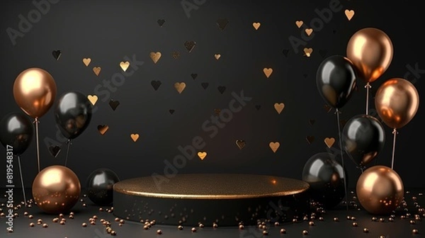 Fototapeta Black and golden balloons  with rounded golden podium with black background with heart shapes, sparkles high detailed background, in the style of dark gray , product display
