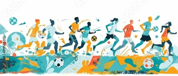 Fototapeta Sports and fitness activity with diverse participants, using simple shapes and limited color palette