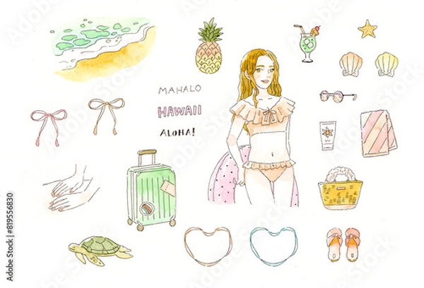 Obraz アナログ透明水彩イラスト　水着の女性とハワイ旅行モチーフのイラストレーションセット