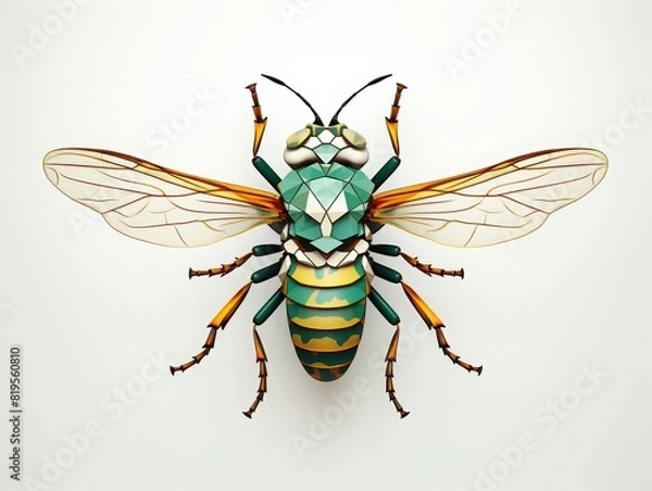 Fototapeta Close-up of a colorful, geometric bee illustration with detailed wings and vibrant patterns, perfect for nature and art-themed projects.