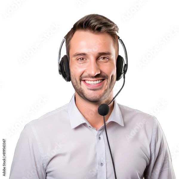 Fototapeta Young happy smiling customer support phone operator in headset on transparent background png