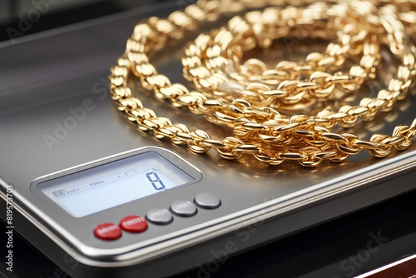 Fototapeta digital scales for weighing gold rings and necklaces by hand in the shop