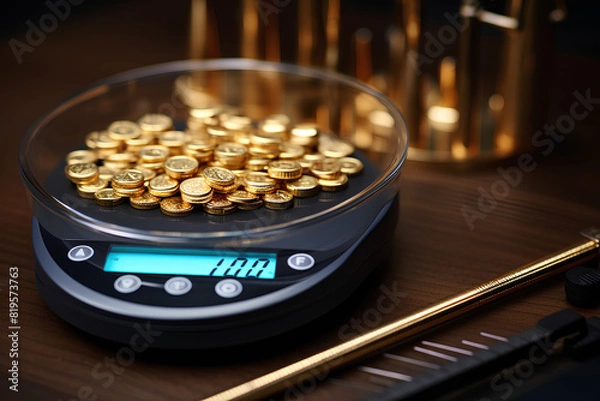 Obraz digital scales for weighing gold rings and necklaces by hand in the shop