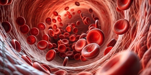 Obraz Red blood cells flow in human veins, medical background. Macro view of erythrocyte platelets
