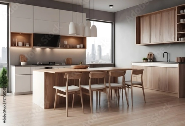 Fototapeta Modern kitchen interior with dining area on a cityscape background, the concept of an urban home, showcasing wooden furniture and minimalist design. 3D Rendering