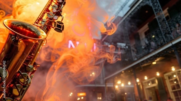 Fototapeta Tangerine smoke curling into a saxophone, with a backdrop of a lively New Orleans music festival